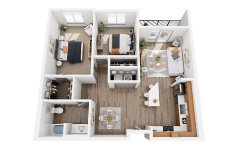 Floor plan for 2 beds, 1 bath, 998 sqft